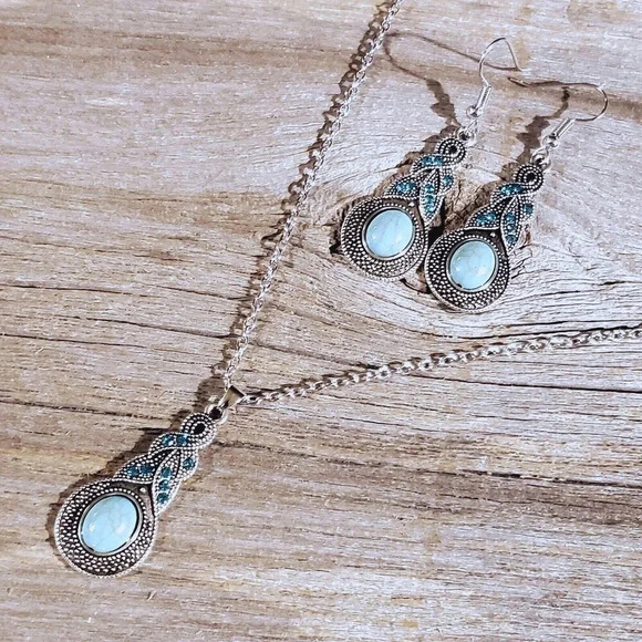 Twisted Turquoise Blue Crystal Stone Silver Chain Necklace Earrings Jewelry Set - Picture 1 of 15